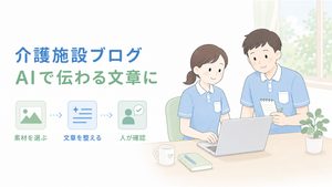 介護職員がメモとパソコンを確認し、AIを活用して家族向けのブログ文を整える様子です。