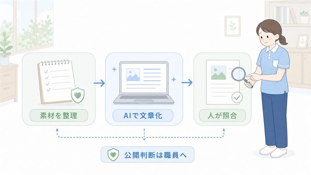 素材の整理、AIによる文章化、人による公開前確認を分ける流れを示した図です。