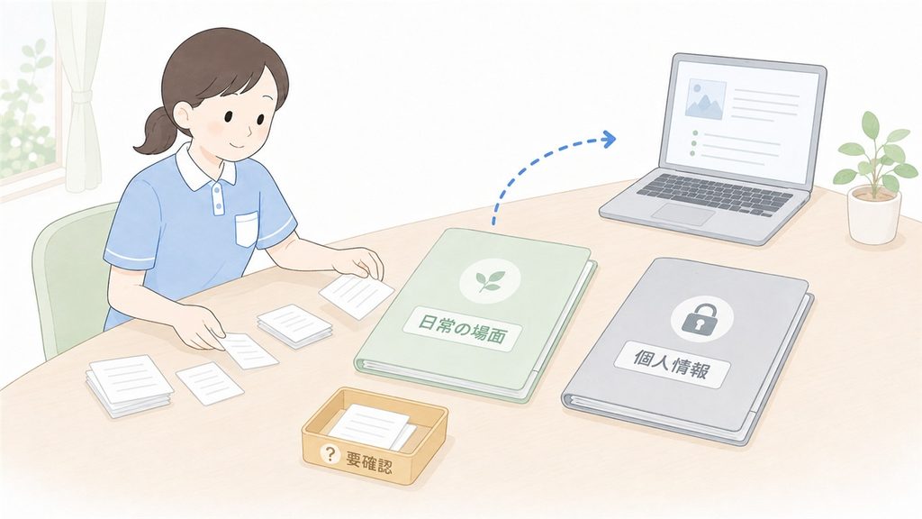 介護職員がメモから個人情報を外し、判断に迷う情報を確認用に分ける様子です。