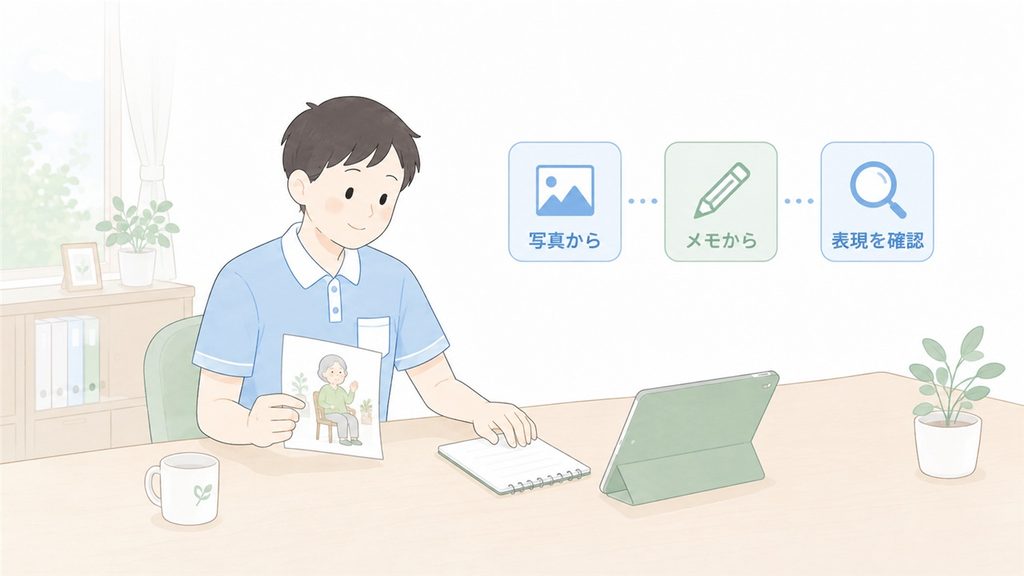 写真や短いメモを確認し、困りごとに合わせてAIへの入力を選ぶ介護職員の様子です。