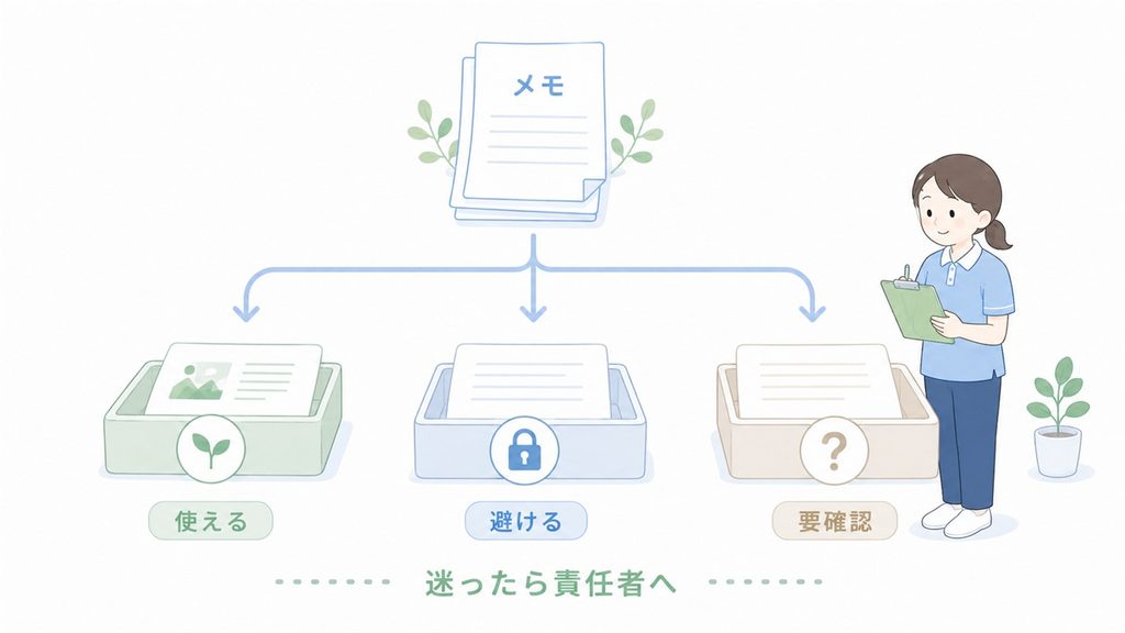 ブログ用のメモを使える情報、避ける情報、責任者への確認に仕分ける図です。