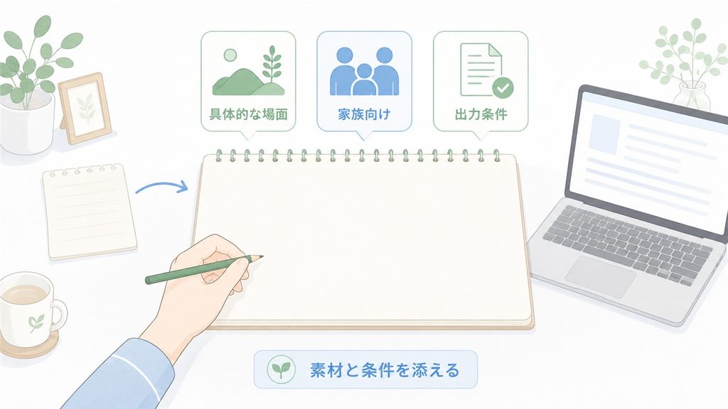 抽象的なメモに具体的な場面と出力条件を添え、AIへの入力を整える図です。