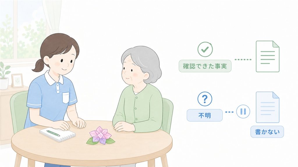 不明な出来事を作らず、職員が確認できた場面だけを文章の素材にする様子です。