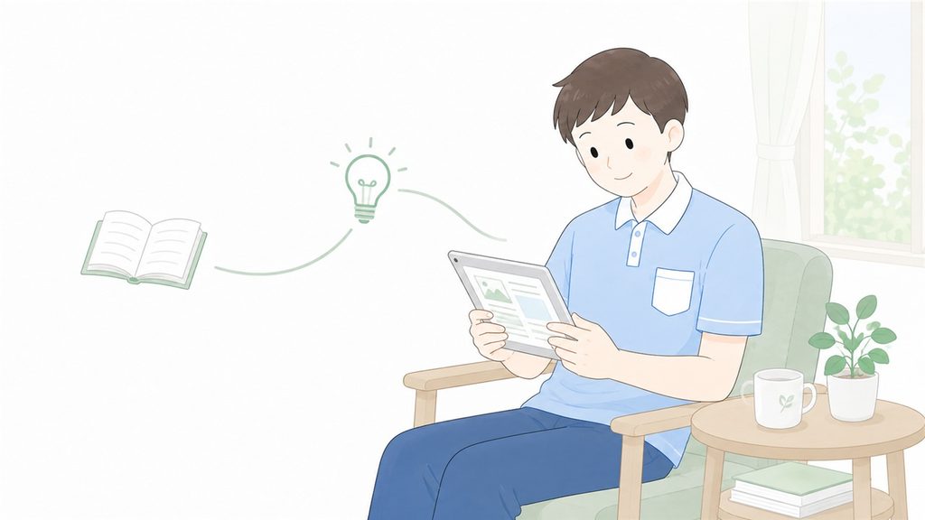 介護職員が記事を読み、仕事の負担を軽くするための情報を探す様子です。