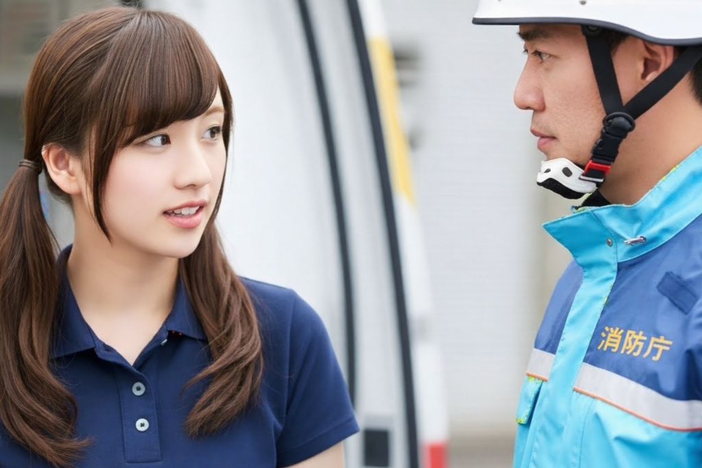 女性介護士と救急隊員の画像