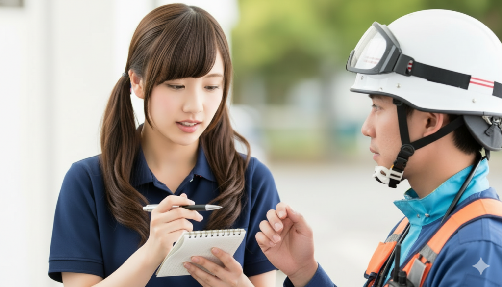 高齢者施設で女性介護職員が救急隊員から状況説明を受けながら、利用者の状態や対応内容をメモしている場面