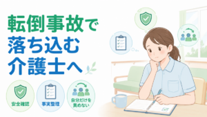転倒事故後に落ち込む介護士が、安全確認や事実整理をしながら自分だけを責めない考え方を整理するイラスト