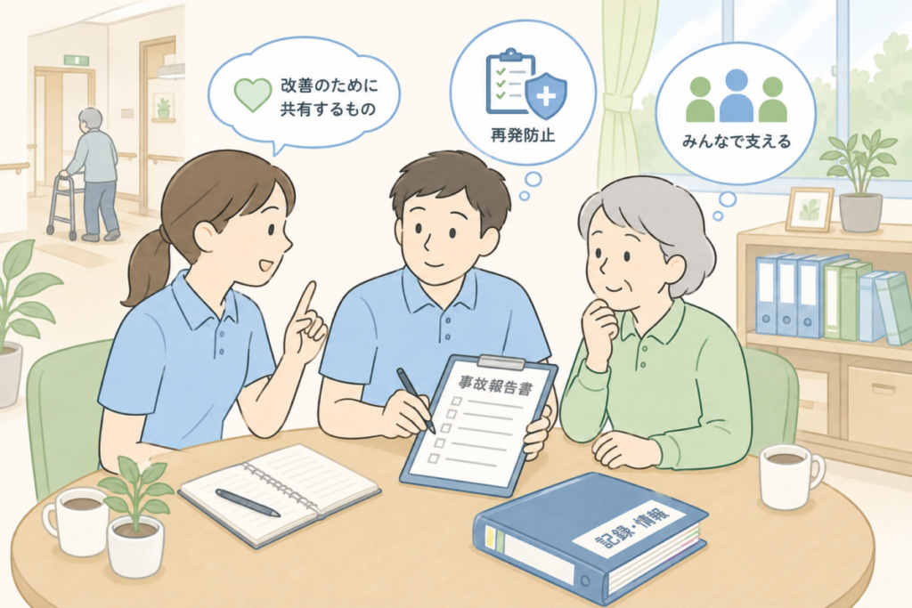 介護事故報告書を職員の責任追及ではなく、事実整理・原因分析・再発防止のために活用する様子を示したイラスト