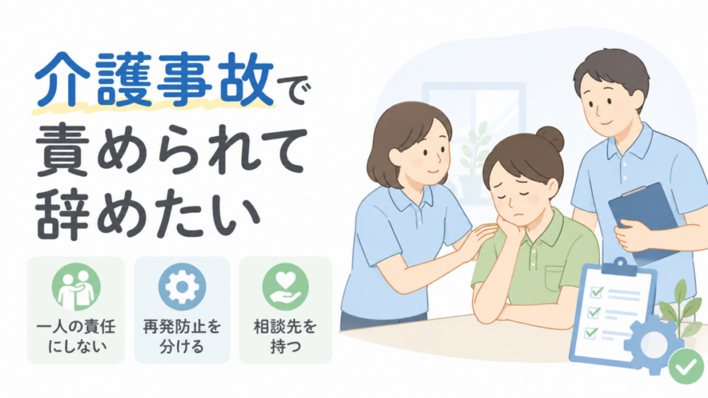 介護事故で責められて辞めたいと感じる職員を、同僚や上司が支えながら再発防止を考えるイラスト