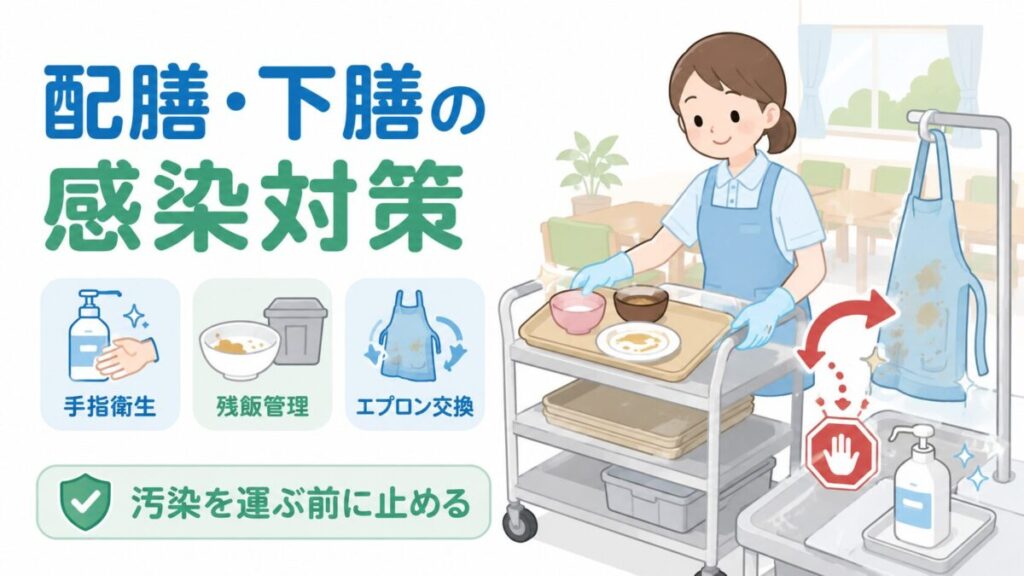 介護施設の配膳・下膳時に、手指衛生、残飯管理、エプロン交換で汚染拡大を防ぐ様子を示した図解。