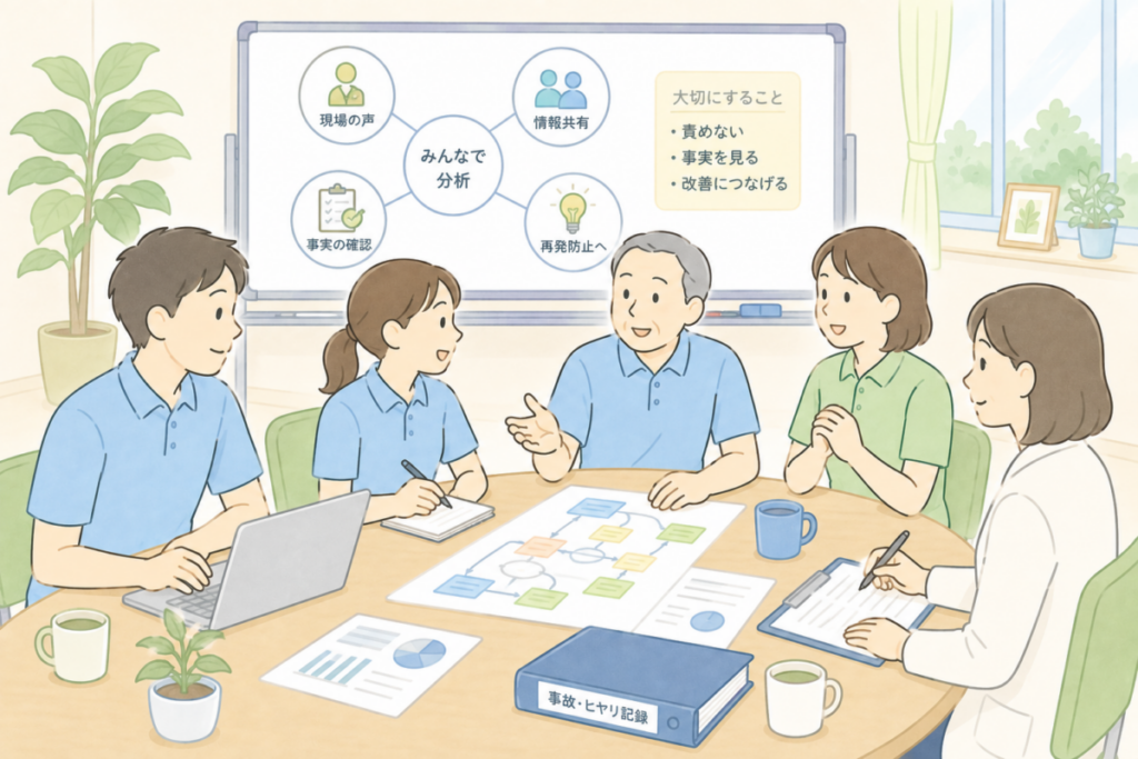 介護事故の原因を職員個人だけの問題にせず、現場の声や情報を共有しながら事業所全体で分析しているイラスト