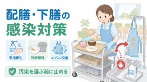 介護施設の配膳・下膳時に、手指衛生、残飯管理、エプロン交換で汚染拡大を防ぐ様子を示した図解。