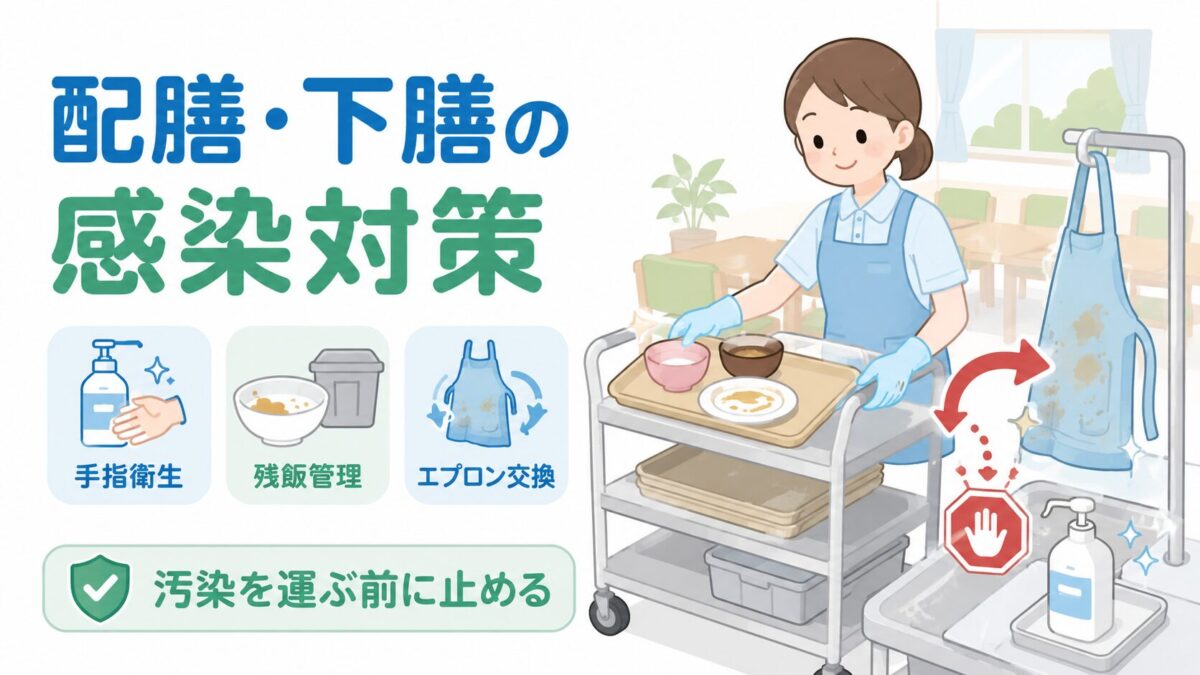 介護施設の配膳・下膳時に、手指衛生、残飯管理、エプロン交換で汚染拡大を防ぐ様子を示した図解。