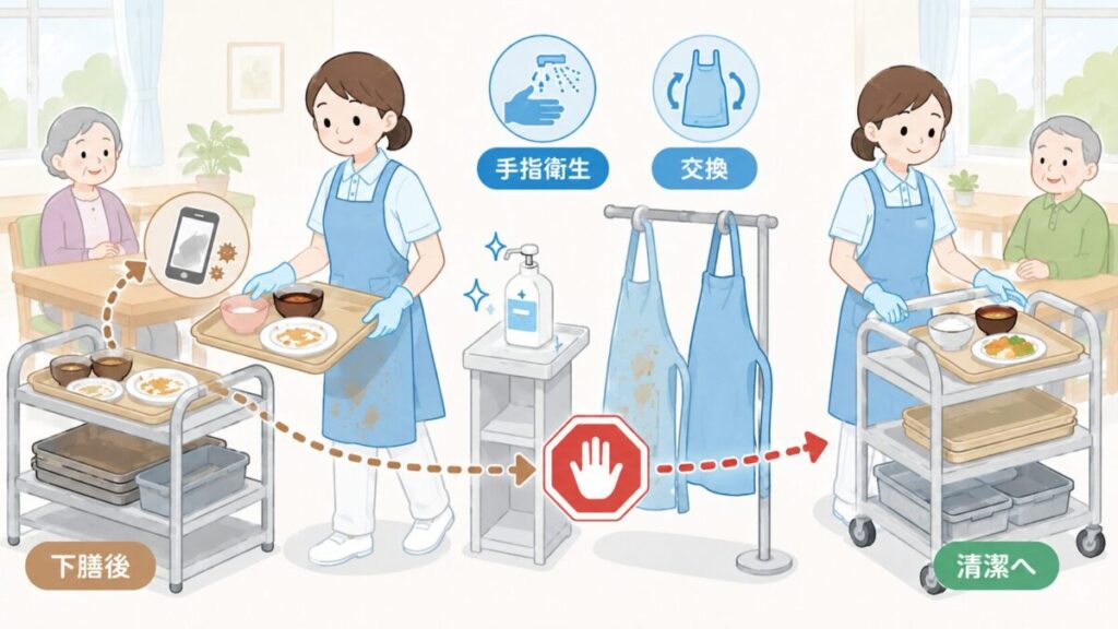 下膳後に手指衛生とエプロン交換を行い、汚染を清潔な配膳へ持ち込まない流れを示した図。