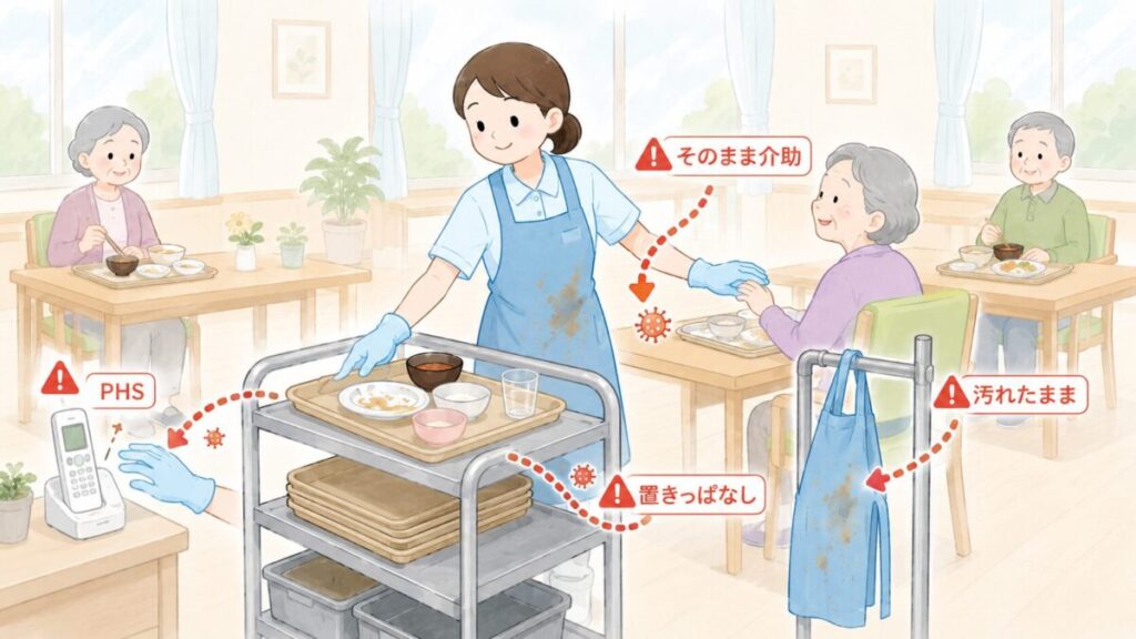 下膳後の手袋でPHSや利用者に触れたり、汚れたエプロンや食器を放置したりする感染拡大リスクを示した図。