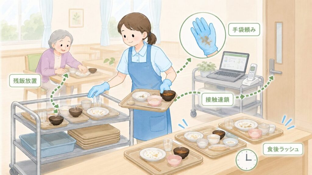 汚れた手袋や食器から、PC・PHS・ドアノブへ接触が連鎖し、食後の忙しさや残飯放置で汚染が広がる要因を示した図。
