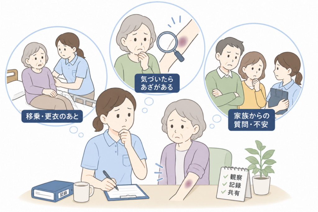 移乗や更衣の後にあざへ気づく場面や、家族から質問を受ける介護現場の典型例を示すイラスト