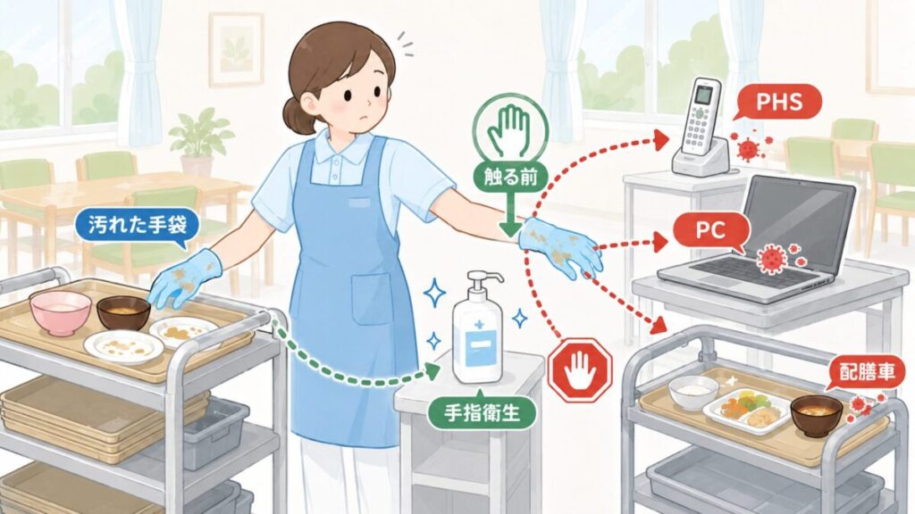 使用済み食器に触れた汚れた手袋でPHSやPC、配膳車に触れず、手指衛生を行う流れを示した図。