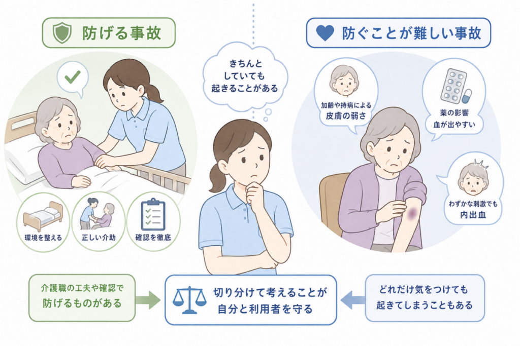 介護事故を『防げる事故』と『防ぐことが難しい事故』の2つに分けて考えることを示したイラスト