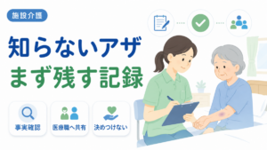 高齢者の腕に見つかったアザを介護士が確認し、事実を記録して医療職へ共有する様子を示したイラスト