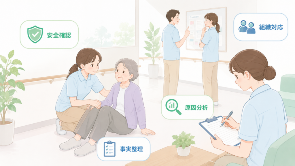 転倒後の利用者の安全確認をしながら、事実整理・原因分析・組織対応を進める介護現場のイラスト