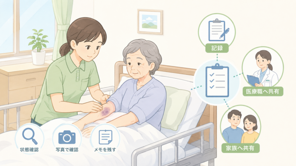 高齢者の腕のアザを介護士が確認し、状態の記録や医療職・家族への共有につなげる様子を示したイラスト