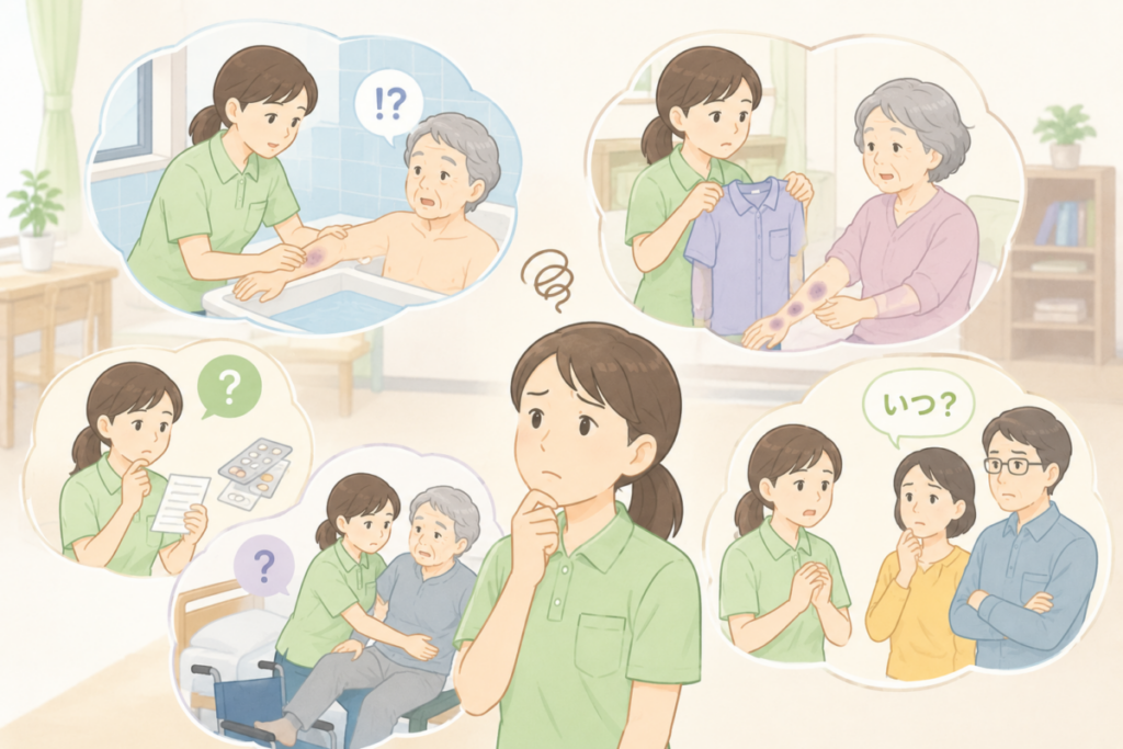 入浴・更衣・移乗・服薬確認・家族対応など、原因不明のアザで介護士が迷いやすい場面を示したイラスト