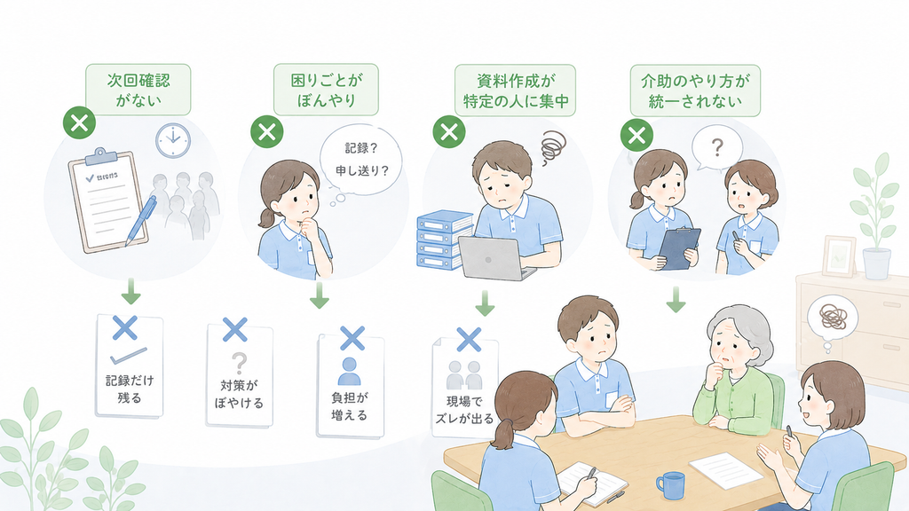 生産性向上委員会で、次回確認がない、困りごとが曖昧、資料作成が一人に集中する、介助方法が統一されない事例を示したイラスト