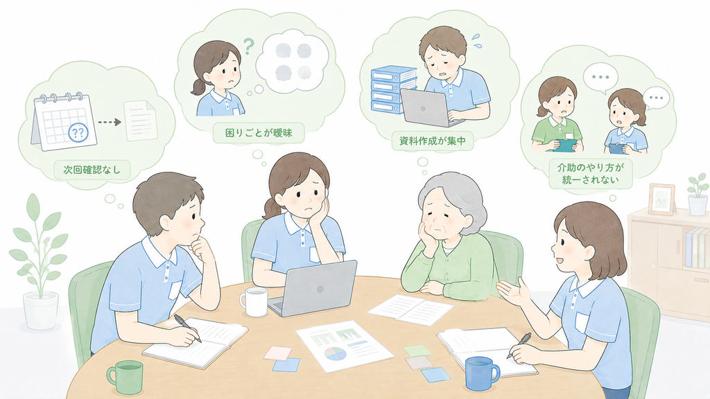 生産性向上委員会で、次回確認の不足、困りごとの曖昧さ、資料作成の集中、介助方法の不統一に悩む職員たちの会議風景