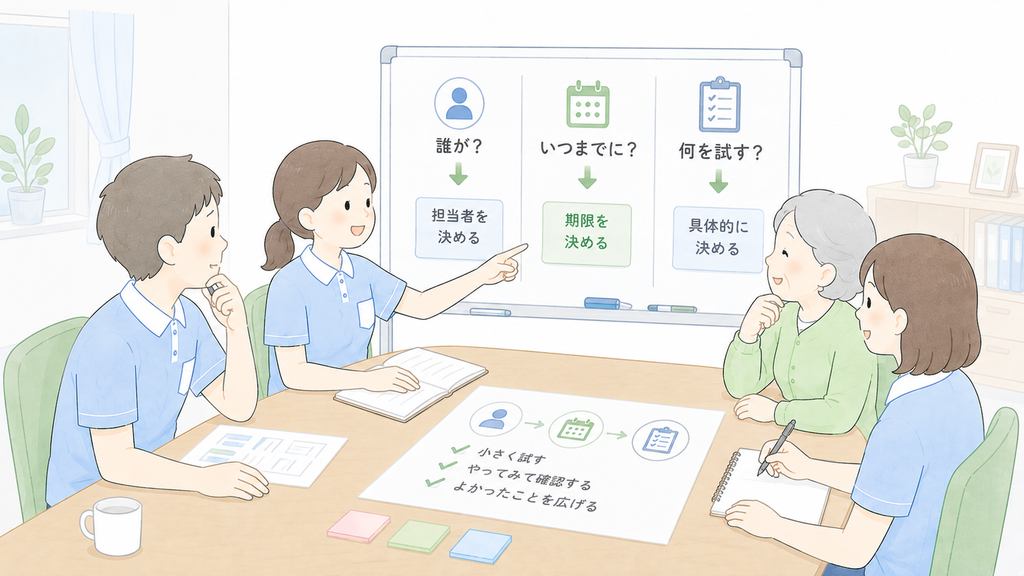 介護職員が会議で担当者・期限・試す内容をホワイトボードに整理し、具体的な行動を決めているイラスト