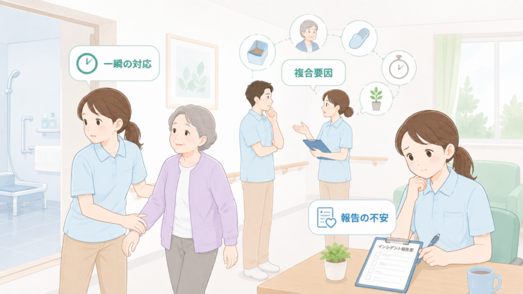転倒事故後に起こりやすい一瞬の対応、複合要因、事故報告への不安を介護現場の場面で示したイラスト