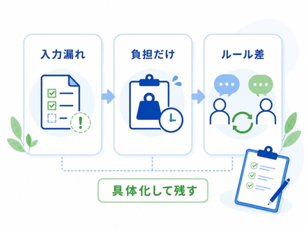 生産性向上委員会の議事録で起こりやすい入力漏れ、負担偏重、ルール差の事例と、内容を具体化して残す考え方を示した図。