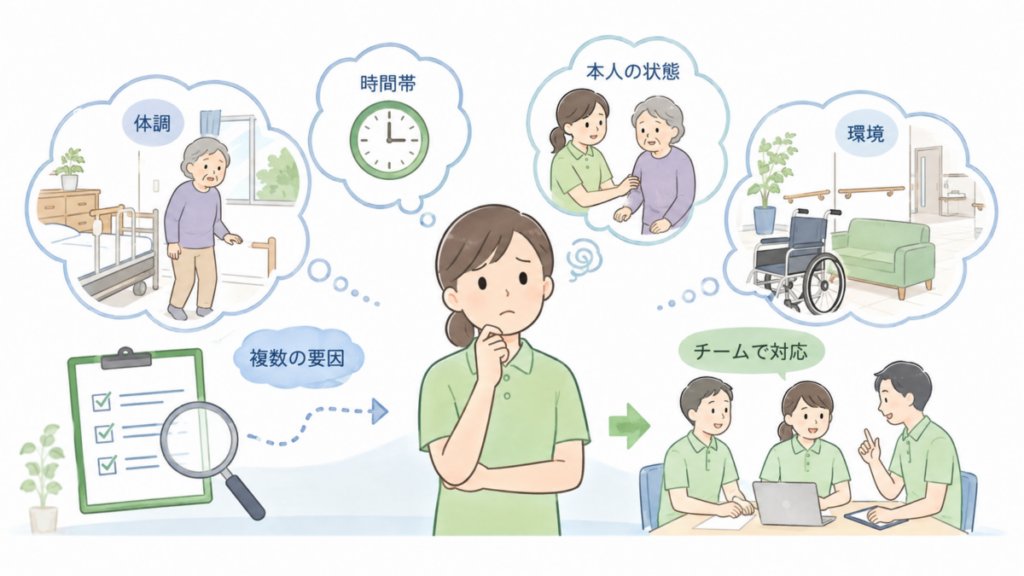 転倒事故の背景にある本人の状態、時間帯、環境など複数の要因を整理し、チームで対応を考える介護現場のイラスト