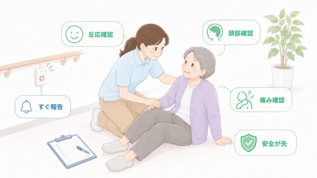 転倒後の高齢者に対して介護士が反応や痛み、頭部の状態を確認し、速やかな報告につなげる場面のイラスト