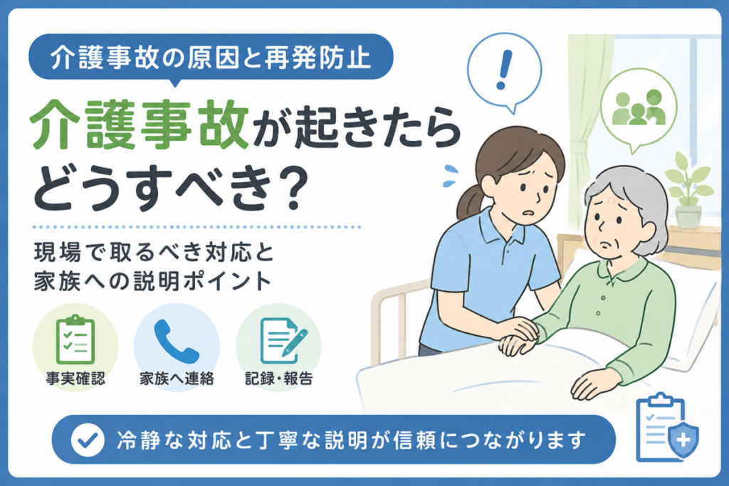介護事故後に自分を責めすぎず、原因分析や報告・家族説明を整理する介護職員のイラスト