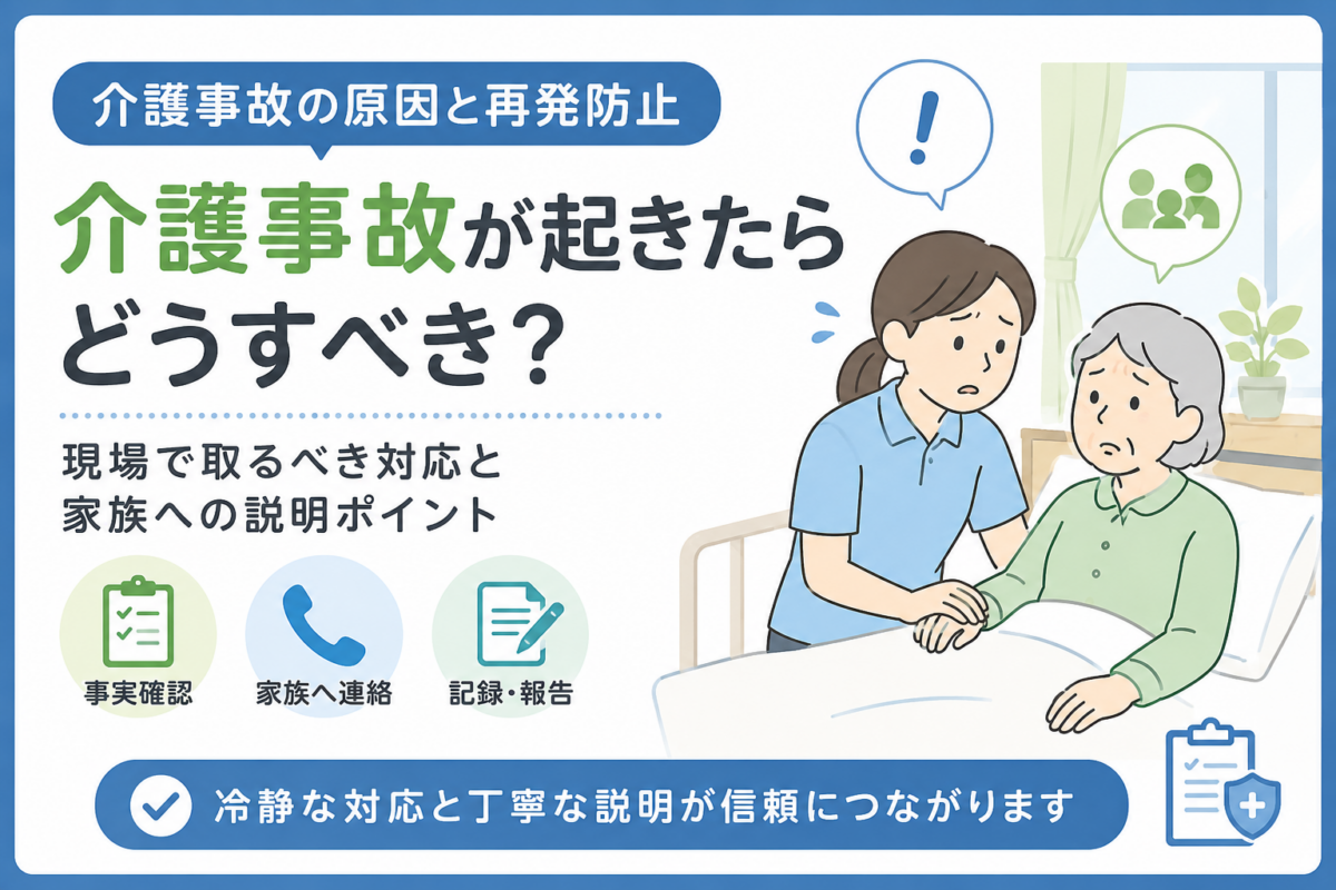 介護事故後に自分を責めすぎず、原因分析や報告・家族説明を整理する介護職員のイラスト