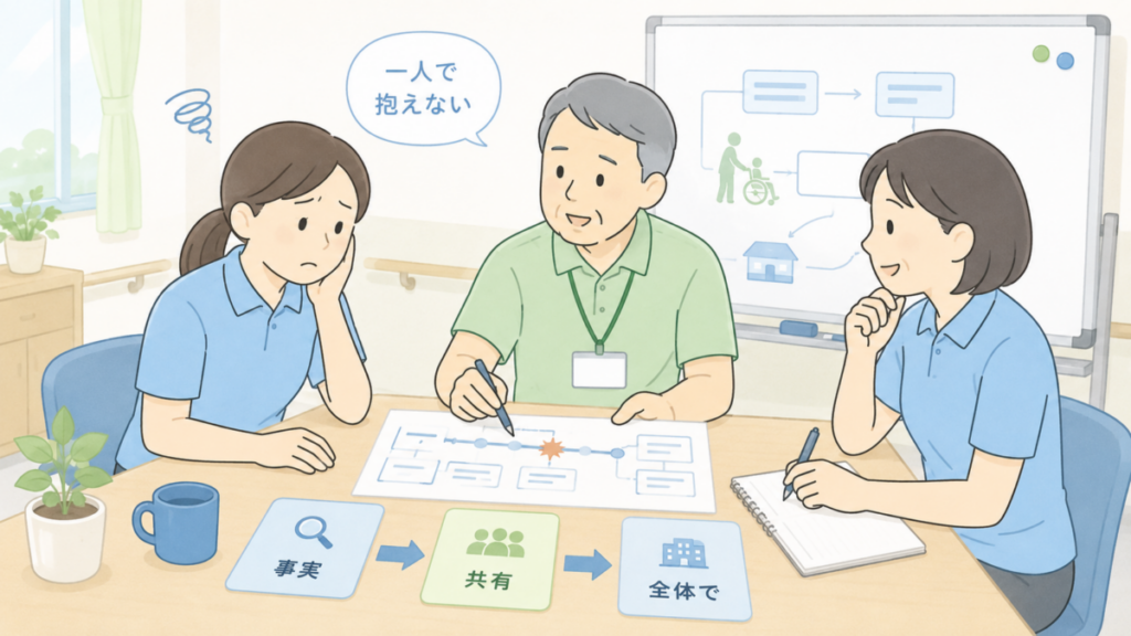 介護事故のあとに一人で抱え込まず、職員同士で事実確認や共有をしながら原因を整理している介護現場のイラスト