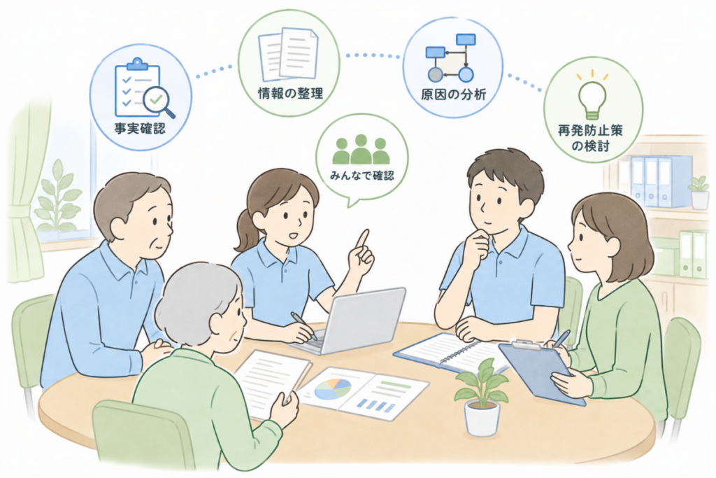 介護事故の事実確認や情報整理、原因分析、再発防止策を職員同士で話し合っている介護現場のイラスト