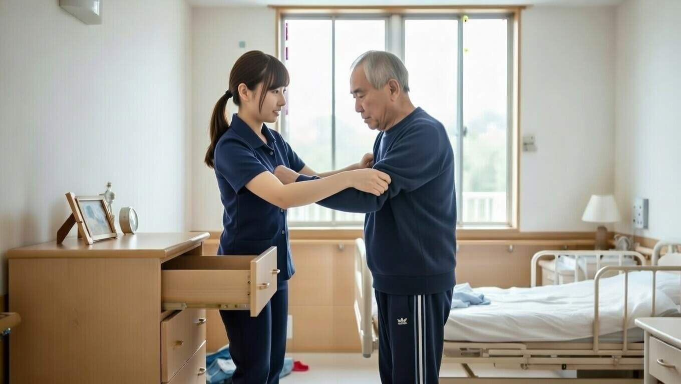 男性入居者と女性介護職員の画像