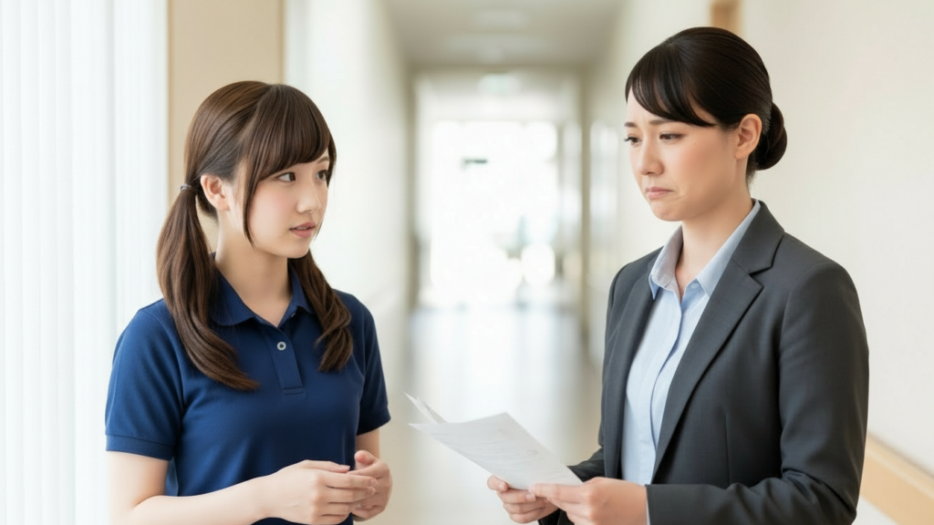 本部の社員と女性介護職員の画像
