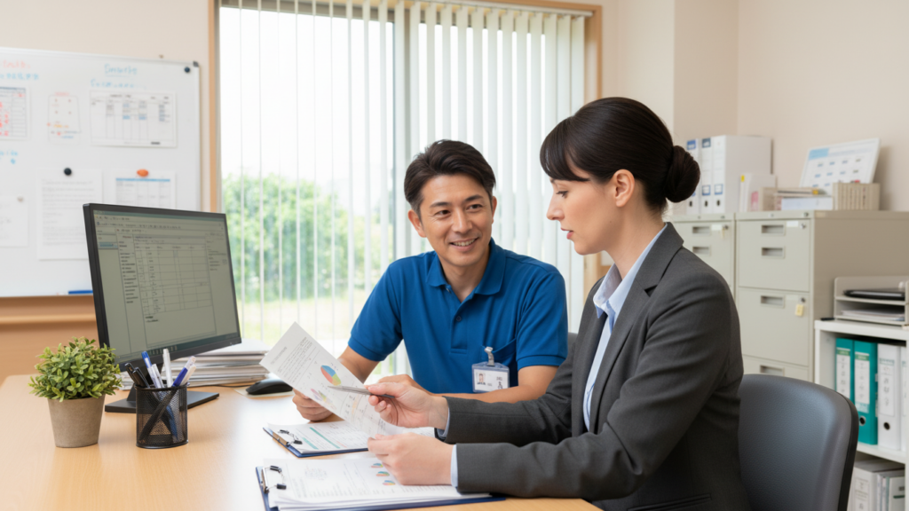 男性介護職員と女性社員の画像