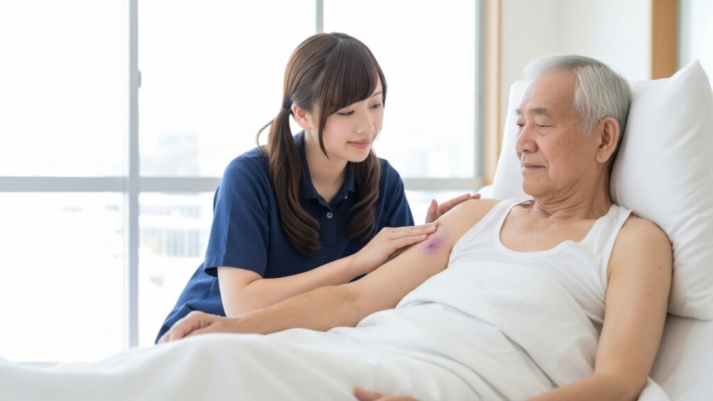 居室内で、女性介護職員がベッド上の高齢男性の上腕部にできた内出血を確認している場面。転倒や打撲後の観察として、発赤・腫脹・疼痛の有無や範囲を丁寧にチェックしている状況を示すイメージ。