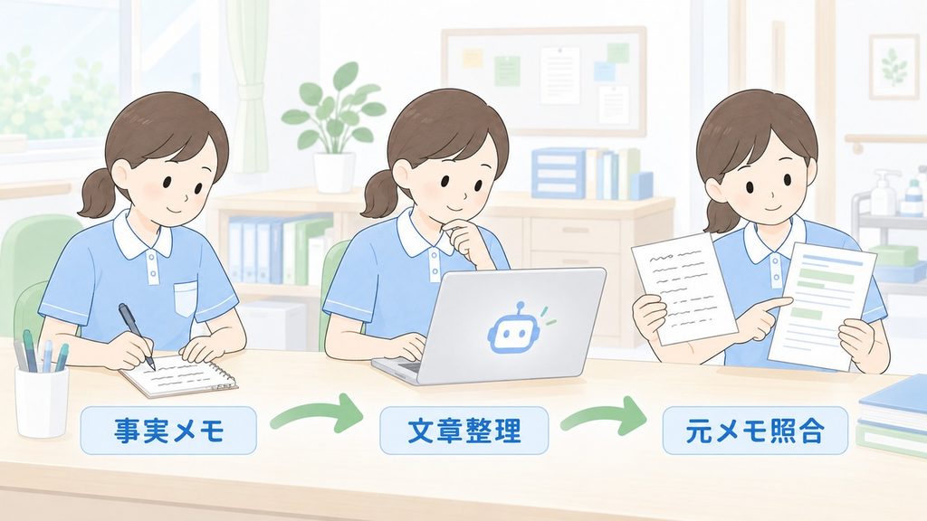 介護事故報告書は「事実メモ・AI文章・元メモ照合」を分けて整える","事実メモをAIで文章整理し、介護士が元メモと照合する三段階の流れを描いた図です。