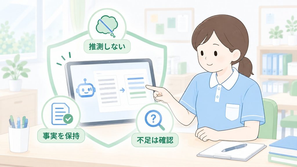介護士がAI画面を見ながら、推測禁止・事実保持・不足確認の三条件を確かめる図です。