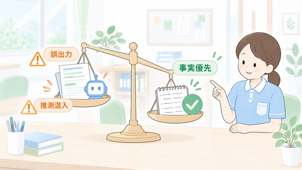AI文の誤出力と推測混入に注意し、元メモの事実を優先する判断を天秤で示す図です。"