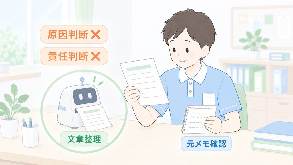 AIは文章整理に限定し、原因・責任の判断を外して人が元メモを確認する図です。
