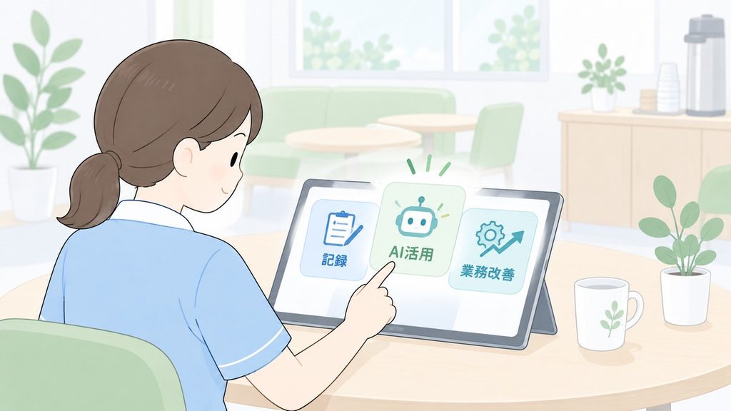 介護士がタブレットで記録、AI活用、業務改善の実務記事を選ぶ様子を描いた図です。