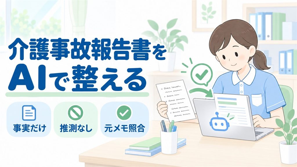 介護事故報告書をAIで下書きする方法｜発生状況欄を事実だけで書くプロンプト例","介護士が事実メモとAI文章を照合し、推測を入れず事故報告書を整える図です。