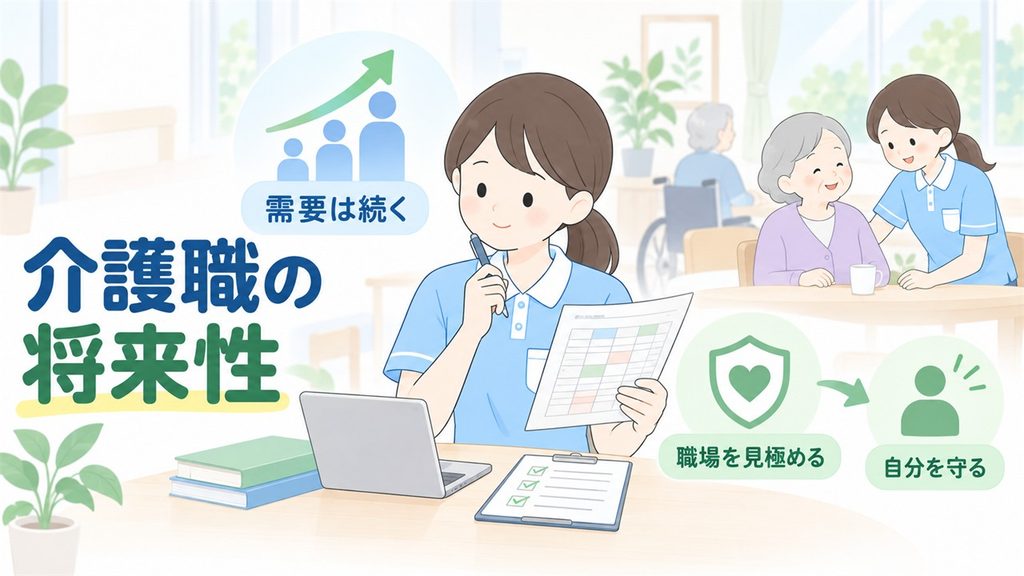 介護職員が仕事の需要と職場環境を見比べ、将来の働き方を考えるイラストです。