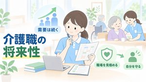 介護職員が仕事の需要と職場環境を見比べ、将来の働き方を考えるイラストです。
